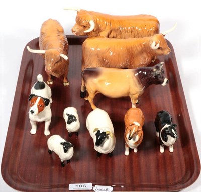 Lot 186 - Beswick Cattle Including: Highland Bull, model No. 2008 and Highland Cow, model No. 1740, tan...