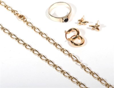 Lot 224 - A 9 carat gold long and short link chain necklace, 45cm long; two pairs of 9 carat gold...