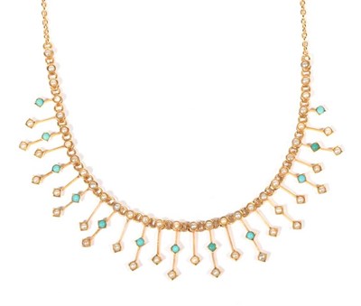 Lot 227 - ~ An early twentieth century turquoise and seed pearl fringe necklace, the front with seed...