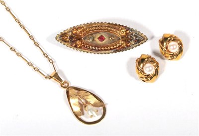 Lot 240 - A 9 carat gold pearl pendant; a pair of 9 carat gold pearl earrings; and a 9 carat gold...