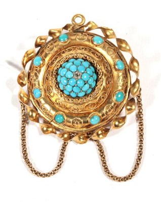 Lot 242 - ~ An Etruscan Revival turquoise and diamond brooch/pendant, an old cut diamond within a domed...