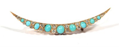 Lot 243 - ~ A Victorian turquoise and diamond crescent brooch, graduated oval turquoise spaced by pairs...