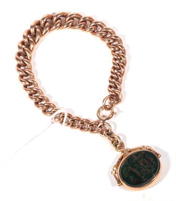 Lot 259 - A 9 carat rose gold curb link bracelet with a 9 carat gold hardstone swivel fob, 51.6g gross