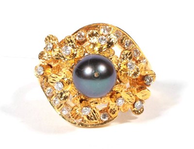 Lot 260 - A cultured black pearl and diamond cluster ring, a central pearl within a cluster of diamond...
