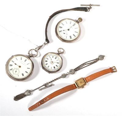 Lot 268 - Three silver cased open face pocket watches; and a 9 carat gold ladies wristwatch