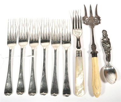 Lot 271 - A set of six silver Old English pattern dessert forks; a Victorian ivory handled cold meat...