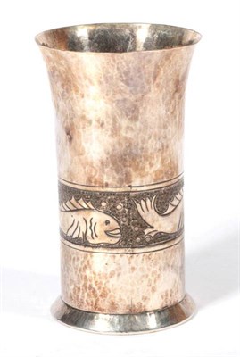 Lot 299 - ~ Keswick School, a hammered white metal cylindrical vase of a tapering form, decorated with a band