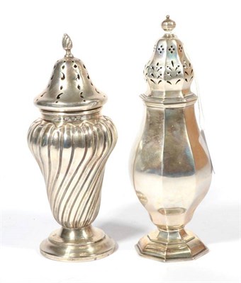 Lot 300 - ~ Two silver casters: William Hutton & Sons, London, 1905, baluster octagonal form; Walker &...