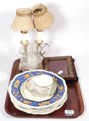 Lot 329 - A set of six Spode plates; a pair of candlesticks with paper shades; teawares; frames etc