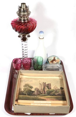 Lot 332 - Baccarat oil lamp; a glass paperweight; a box of Victorian drawings and watercolours etc (one tray)
