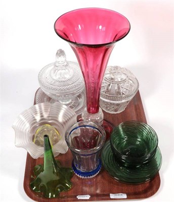 Lot 333 - A late Victorian cranberry glass vase; a pedestal jar, cover and matching stand; a tray of drinking