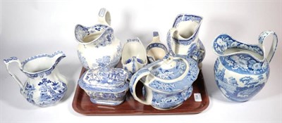 Lot 334 - A collection of 19th century blue and white china to include teapot; water jug; sauceboat;...