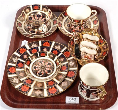 Lot 340 - A tray of Royal Crown Derby Imari decorated china to include: loving cup; two cups and saucers;...