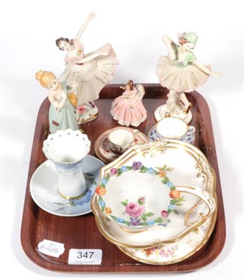 Lot 347 - A tray including three German china figurines; a Coalport miniature trio; Spode miniature; blue and