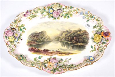 Lot 353 - A mid 19th century English flower encrusted tray named ''Mirkwood Mere Waverley'', 43cm diameter