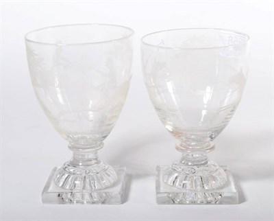 Lot 358 - A pair of 19th century glass rummers, etched with polo players (2)