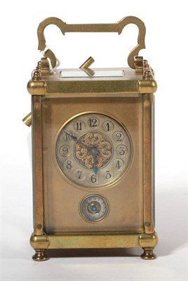 Lot 371 - A French brass carriage alarm timepiece, Arabic dial, with winder