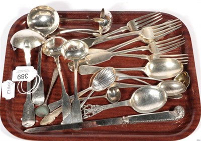 Lot 389 - Assorted George III and later silver flatware, to include: a pair of Scottish toddy ladles,...