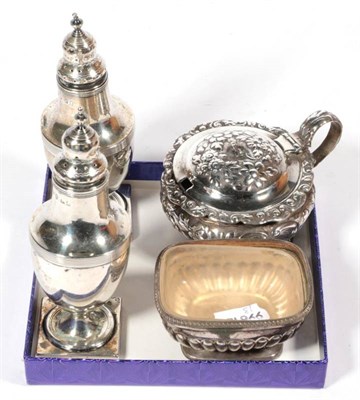 Lot 393 - A George IV silver mustard pot, Joseph Angell, London 1820; a George III silver salt, London...