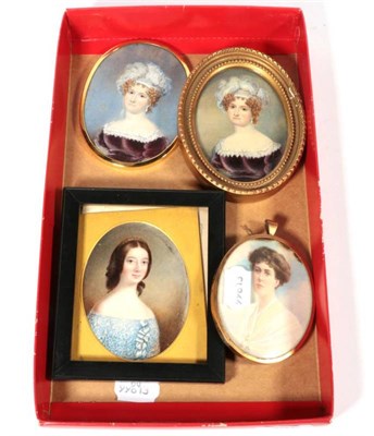 Lot 395 - Two 19th century portrait miniatures on ivory; another similar portrait miniature with oval...