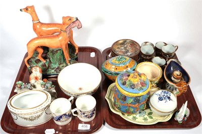 Lot 408 - Two trays including two Staffordshire greyhound figures' a pair of Samson of Paris figures;...