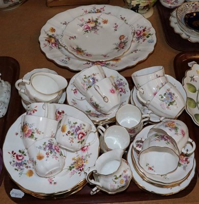 Lot 411 - Royal Crown Derby 'Derby Posies' pattern teaset; coffee cups; large platter; and twin handled plate