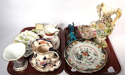 Lot 412 - Two trays of English ceramics including floral and shell encrusted basket; flower encrusted vase; a