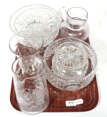 Lot 413 - Tray including celery vase; two engraved glass water jugs