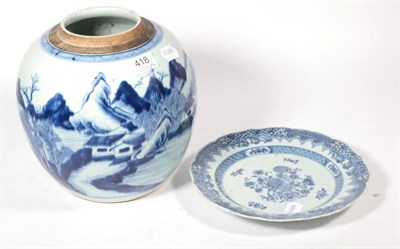 Lot 418 - An early 20th century Chinese blue and white ginger jar decorated with landscapes (cover...