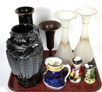 Lot 421 - Tray including a pair of opaque glass vases; a Allerton's style Toby jug; two other Toby jugs;...