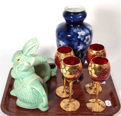 Lot 425 - A pair of bunny teapots with covers; four Venetian drinking glasses; blue floral vase; a...