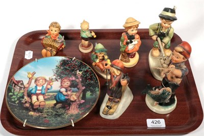 Lot 426 - Four Goebel figures; a Hummel transfer printed plate; two German figures; and a foreign figure