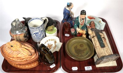 Lot 429 - Two trays including French game tureen and cover; a Bretby cat; blue and white mug; a...