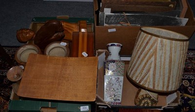 Lot 430 - Three boxes including a pair of wooden vases; two headrests; a twin-handled wooden bowl; a hardwood