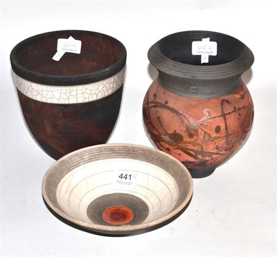 Lot 441 - ~ Three pieces of Philip Chan raku studio pottery, signed and with PC seal mark (Chan Abbott studio