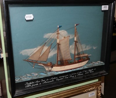 Lot 450 - A Spanish wooden half block model of sailboat 'San Jose de Mataro' painted and inscribed,...