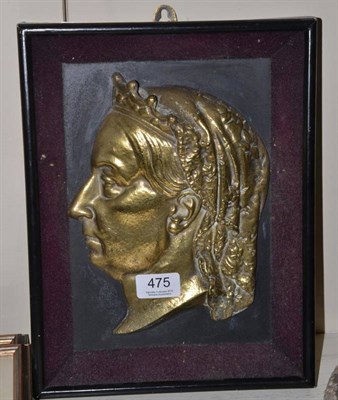 Lot 475 - A bronzed bust profile of Queen Victoria (22cm high excluding frame); and a leather folding ink...