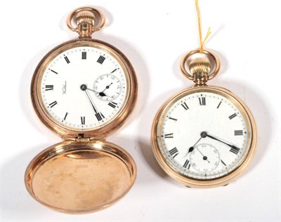 Lot 485 - A 9 carat Waltham full hunter pocket watch, Roman enamel dial, subsidiary dial, stamped; with a...