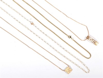 Lot 498 - Two 9 carat gold textured pendants on 9 carat snake chains, a 9 carat gold fox tail chain...