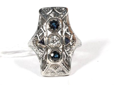 Lot 502 - An Art Deco sapphire and old cut diamond plaque ring, estimated diamond weight carat...