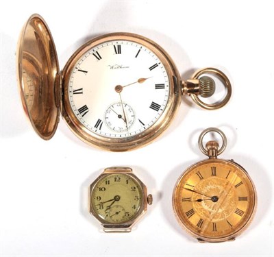 Lot 504 - A lady's 14k fob watch; with an Art Deco watch, no strap; together with a gold plated full...