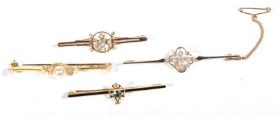 Lot 507 - A seed pearl and diamond bar brooch, a cultured pearl and diamond bar brooch and two stone set...