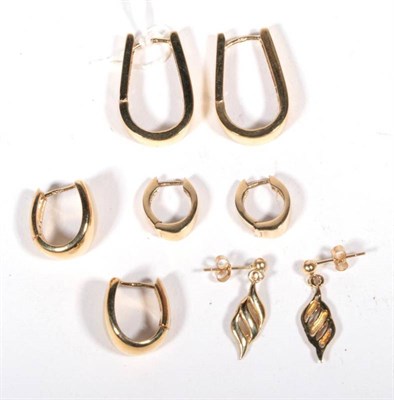 Lot 532 - Four pairs of 9 carat gold earrings, comprising three pairs of hoop earrings and a pair of drop...