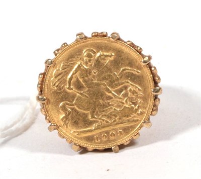 Lot 553 - Edward VII 1903 half sovereign, loose mount in a 9 carat gold ring, 10.6g gross