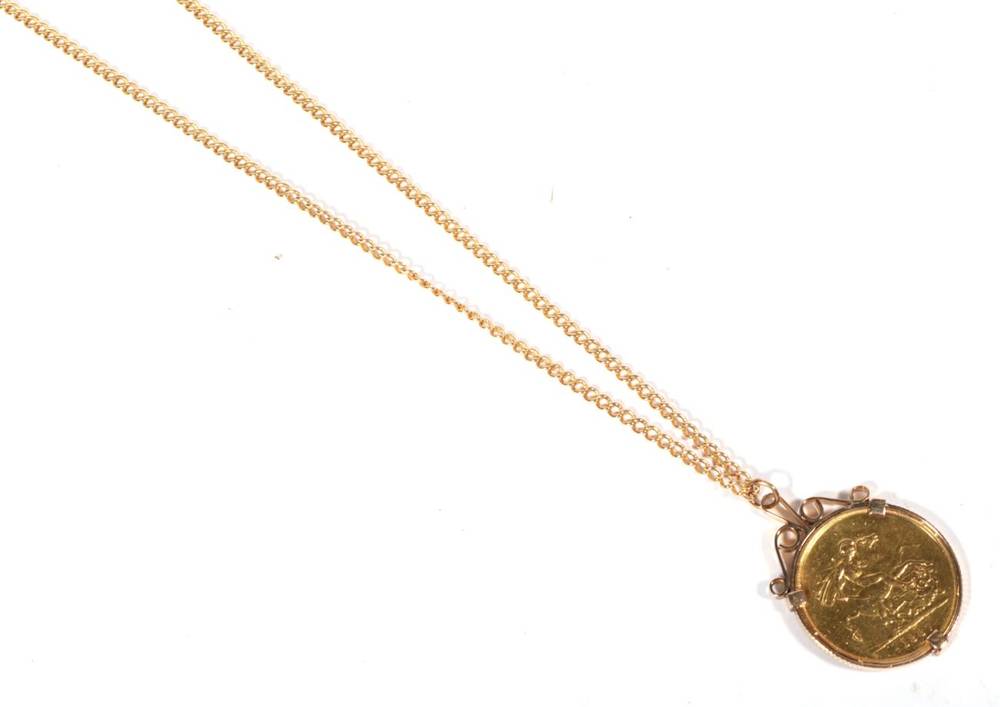 Lot 556 - A Victoria 1887 five pound coin, loose mount as a pendant on an 18 carat gold chain, 78g gross