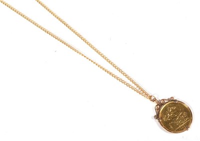 Lot 556 - A Victoria 1887 five pound coin, loose mount as a pendant on an 18 carat gold chain, 78g gross