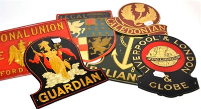 Lot 572 - ~ Six tin plate fire marks to include: Caledonian Reliance, Liverpool and London Globe Guardian...