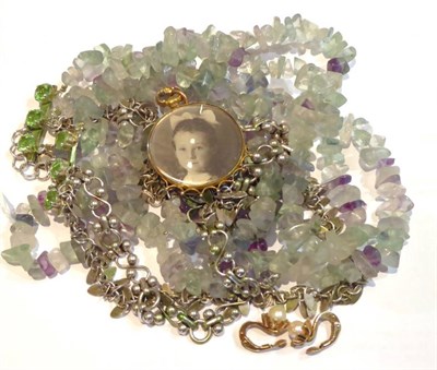 Lot 575 - A fluorite bead necklace, by On Aura Tout Vu; a photographic pendant; and a pair of cultured...