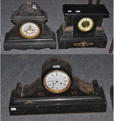 Lot 577 - ~ A Victorian black slate mantel clock, of architectural form, Arabic dial, visible escapement,...