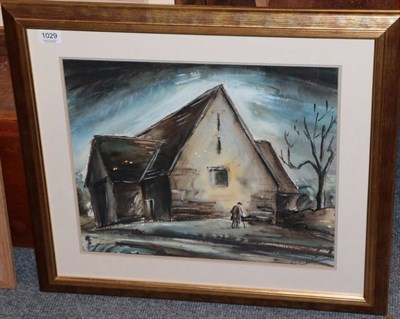 Lot 1029 - British School, figure by a barn, watercolour, indistinctly signed lower right